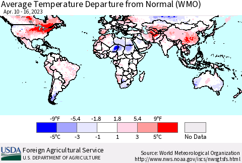 World Average Temperature Departure from Normal (WMO) Thematic Map For 4/10/2023 - 4/16/2023