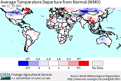 World Average Temperature Departure from Normal (WMO) Thematic Map For 4/17/2023 - 4/23/2023