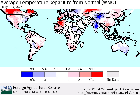 World Average Temperature Departure from Normal (WMO) Thematic Map For 5/1/2023 - 5/7/2023