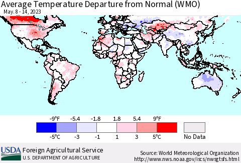 World Average Temperature Departure from Normal (WMO) Thematic Map For 5/8/2023 - 5/14/2023