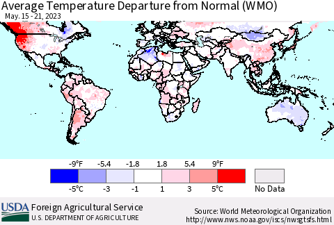 World Average Temperature Departure from Normal (WMO) Thematic Map For 5/15/2023 - 5/21/2023
