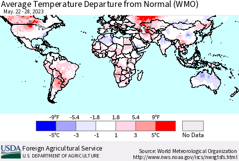 World Average Temperature Departure from Normal (WMO) Thematic Map For 5/22/2023 - 5/28/2023