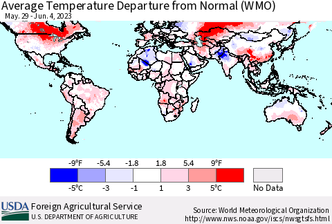 World Average Temperature Departure from Normal (WMO) Thematic Map For 5/29/2023 - 6/4/2023