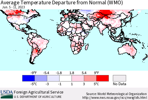 World Average Temperature Departure from Normal (WMO) Thematic Map For 6/5/2023 - 6/11/2023