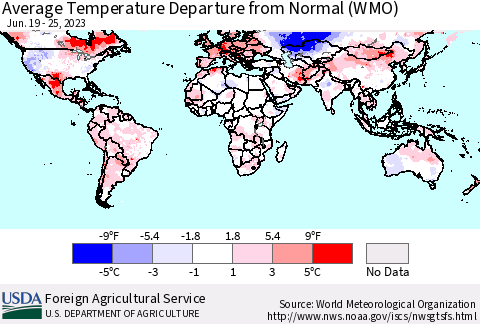 World Average Temperature Departure from Normal (WMO) Thematic Map For 6/19/2023 - 6/25/2023