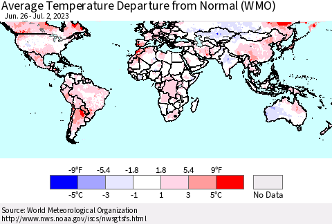World Average Temperature Departure from Normal (WMO) Thematic Map For 6/26/2023 - 7/2/2023