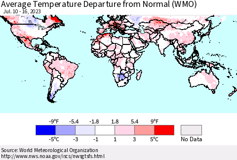 World Average Temperature Departure from Normal (WMO) Thematic Map For 7/10/2023 - 7/16/2023