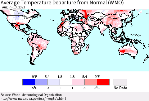 World Average Temperature Departure from Normal (WMO) Thematic Map For 8/7/2023 - 8/13/2023