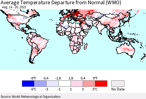 World Average Temperature Departure from Normal (WMO) Thematic Map For 8/14/2023 - 8/20/2023