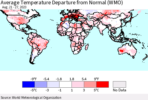 World Average Temperature Departure from Normal (WMO) Thematic Map For 8/21/2023 - 8/27/2023
