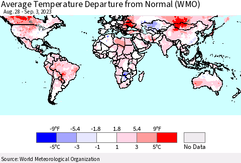 World Average Temperature Departure from Normal (WMO) Thematic Map For 8/28/2023 - 9/3/2023