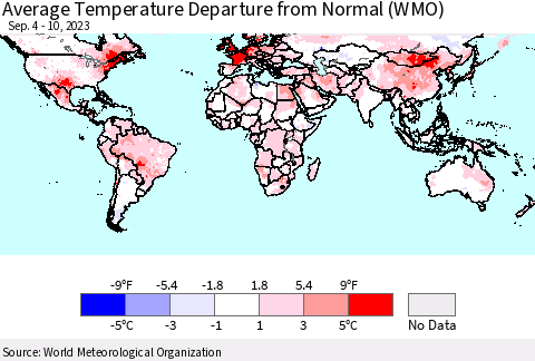 World Average Temperature Departure from Normal (WMO) Thematic Map For 9/4/2023 - 9/10/2023