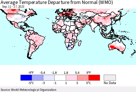 World Average Temperature Departure from Normal (WMO) Thematic Map For 9/11/2023 - 9/17/2023