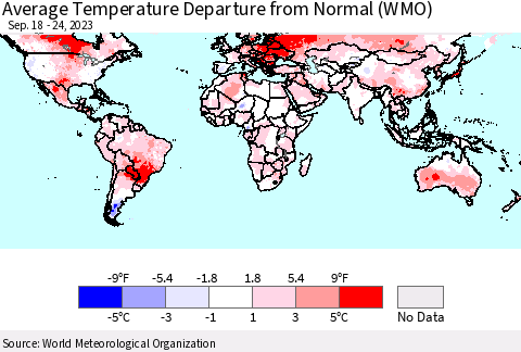 World Average Temperature Departure from Normal (WMO) Thematic Map For 9/18/2023 - 9/24/2023