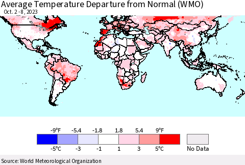 World Average Temperature Departure from Normal (WMO) Thematic Map For 10/2/2023 - 10/8/2023