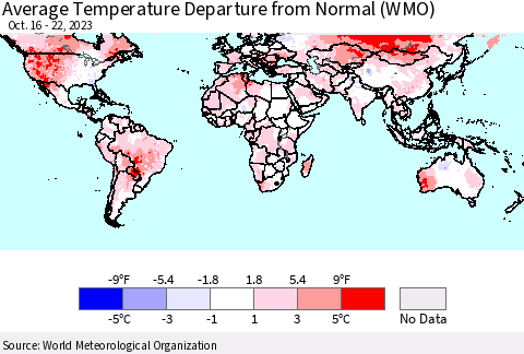 World Average Temperature Departure from Normal (WMO) Thematic Map For 10/16/2023 - 10/22/2023