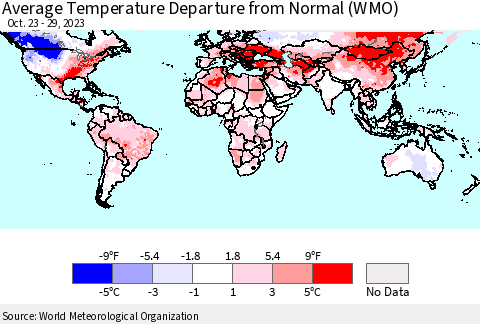 World Average Temperature Departure from Normal (WMO) Thematic Map For 10/23/2023 - 10/29/2023
