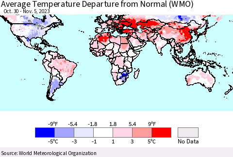 World Average Temperature Departure from Normal (WMO) Thematic Map For 10/30/2023 - 11/5/2023