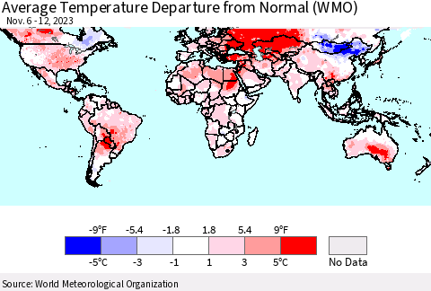 World Average Temperature Departure from Normal (WMO) Thematic Map For 11/6/2023 - 11/12/2023