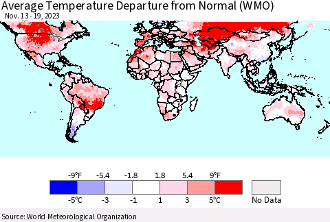 World Average Temperature Departure from Normal (WMO) Thematic Map For 11/13/2023 - 11/19/2023
