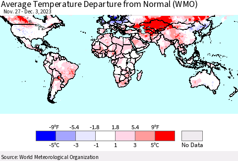 World Average Temperature Departure from Normal (WMO) Thematic Map For 11/27/2023 - 12/3/2023