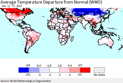 World Average Temperature Departure from Normal (WMO) Thematic Map For 12/11/2023 - 12/17/2023