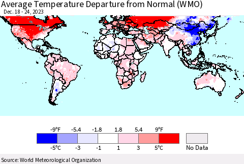 World Average Temperature Departure from Normal (WMO) Thematic Map For 12/18/2023 - 12/24/2023