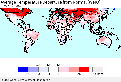 World Average Temperature Departure from Normal (WMO) Thematic Map For 12/25/2023 - 12/31/2023