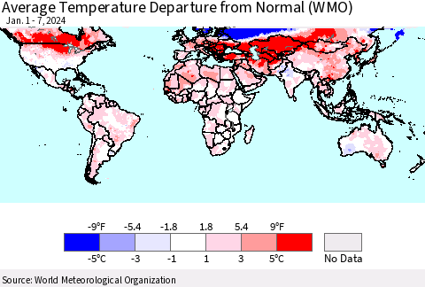 World Average Temperature Departure from Normal (WMO) Thematic Map For 1/1/2024 - 1/7/2024