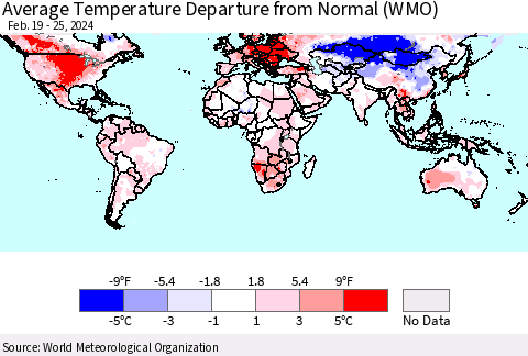 World Average Temperature Departure from Normal (WMO) Thematic Map For 2/19/2024 - 2/25/2024