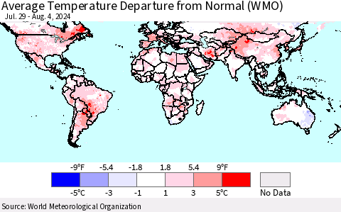 World Average Temperature Departure from Normal (WMO) Thematic Map For 7/29/2024 - 8/4/2024