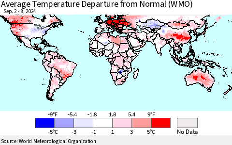 World Average Temperature Departure from Normal (WMO) Thematic Map For 9/2/2024 - 9/8/2024
