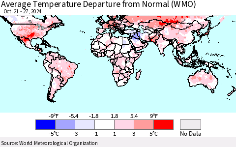 World Average Temperature Departure from Normal (WMO) Thematic Map For 10/21/2024 - 10/27/2024